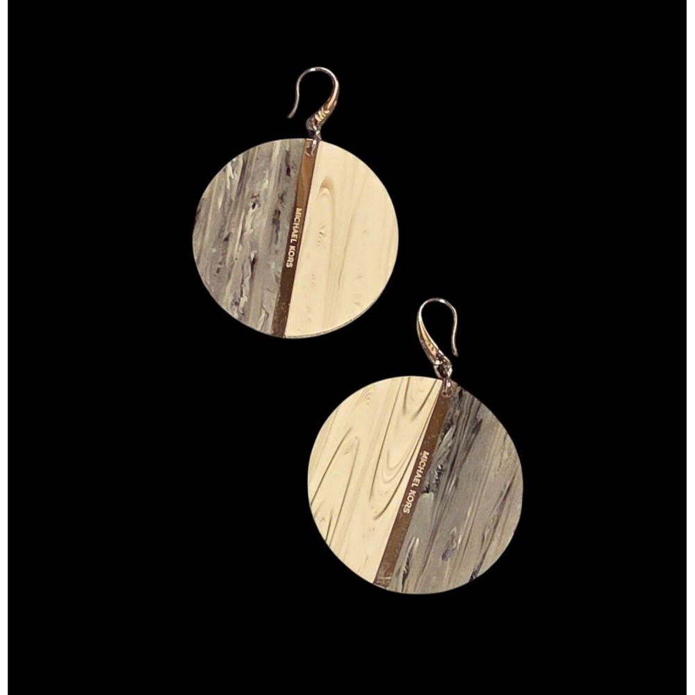 Michael Kors Geometric Silver Tone Gray White Acrylic Disc Hook Earrings